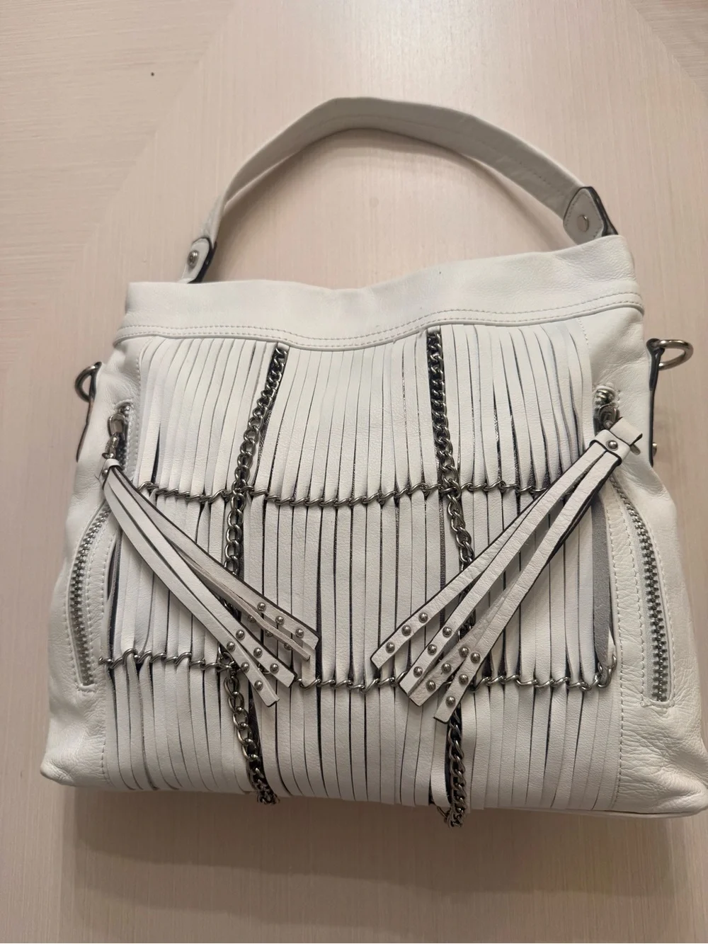 B. Makowsky Alexis White Leather Fringe Chain Hobo Shoulder Bag Large